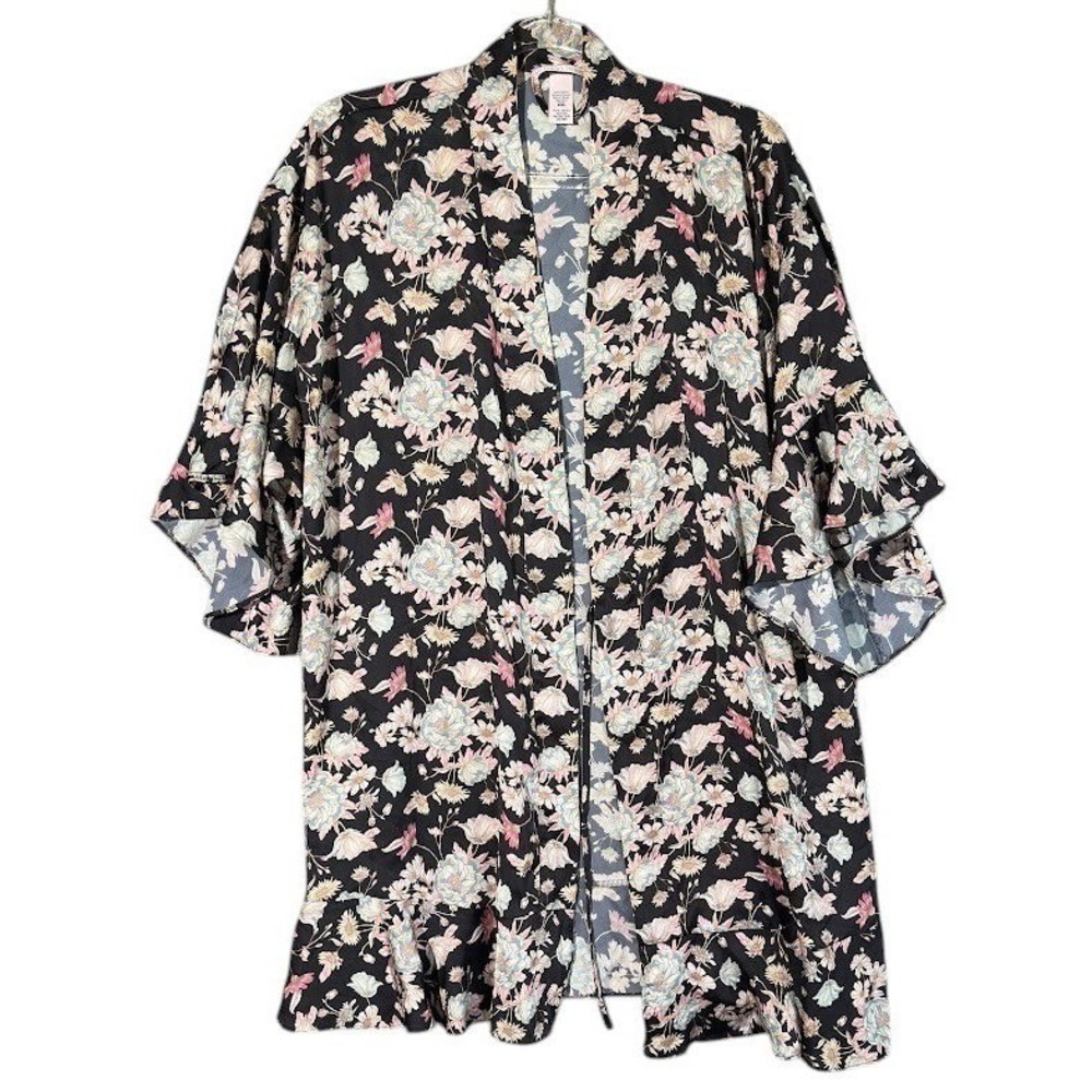 Victorias Secret Kimono Robe Womens XS/S Black Floral Satin Ruffle 399643-01R